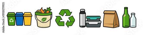 Collection of eco-friendly items including recycling bins, compost bin, and reusable containers