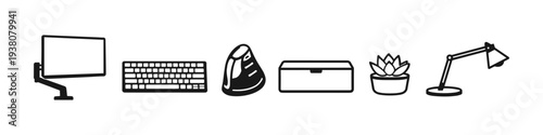 Collection of modern office and desk accessories in a clean line art style