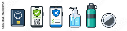 Travel essentials including passport, digital health pass, sanitizer, water bottle, and mask