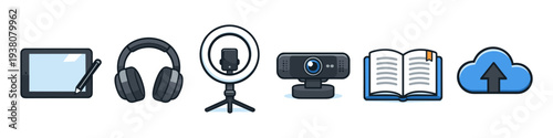 Digital learning and content creation tools including tablet, headphones, ring light, webcam, book, and cloud storage