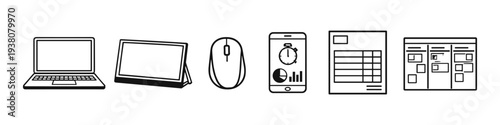 Collection of business and office icons representing productivity and planning tools