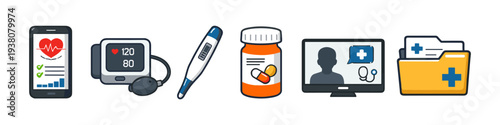 Collection of medical icons representing digital health, diagnostics, and patient care