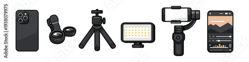 Mobile filmmaking equipment set: smartphone, lenses, tripod, light, gimbal, and editing app