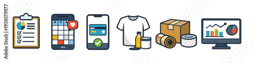 Icons representing e-commerce, online shopping, and business analytics processes