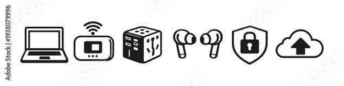 Collection of modern technology icons representing connectivity, security, and data storage