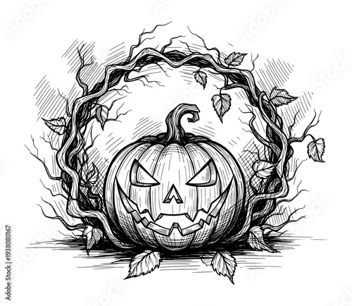 Halloween Jack-o-Lantern Pumpkin with Twisted Vines Engraving Style Black and White Vector