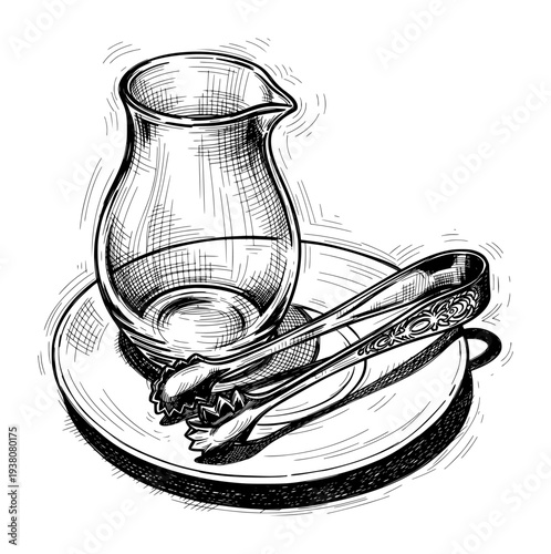 Glass Cream Pitcher and Sugar Tongs on Saucer Black and White Engraving Style