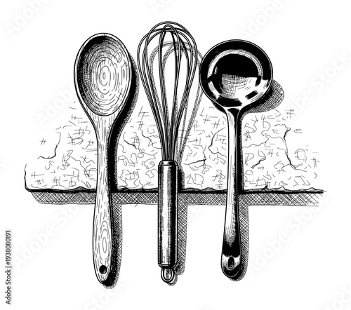 Wooden Spoon Wire Whisk and Ladle Kitchen Utensils Vector in Monochrome Engraving Style