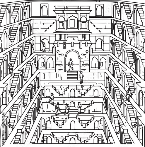 Intricate geometric architectural design of an ancient indian stepwell with numerous staircases and terraces featuring small figures of people descending into the deep structure rendered
