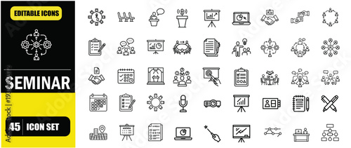 Conference & Seminar Outline Icon Set, Business Meetings, Presentations, Workshops, Networking Events, Editable Line Vector Illustration for Web and App