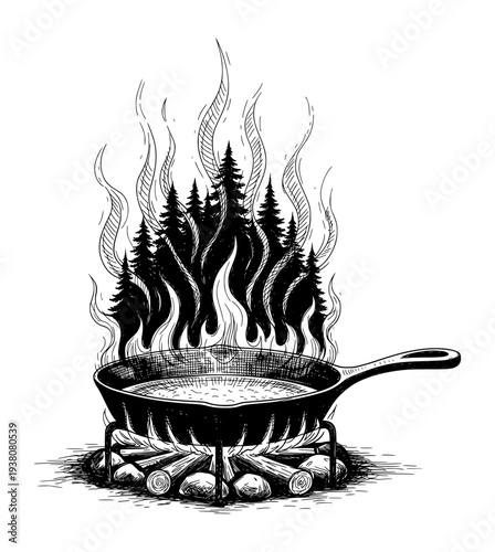 Campfire Cooking Skillet with Pine Forest Flames Black and White Engraving Style