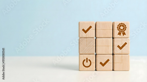 Wallpaper Mural Quality Control and Assurance Concept: Wooden Cubes with Icons of Checkmarks and Award Torontodigital.ca