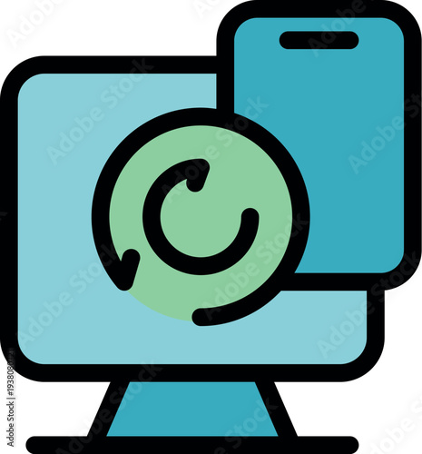 Data synchronization happening between smartphone and desktop computer, with rotating arrows emphasizing the ongoing process