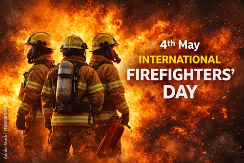 Firefighters in action on international firefighters day with flames background