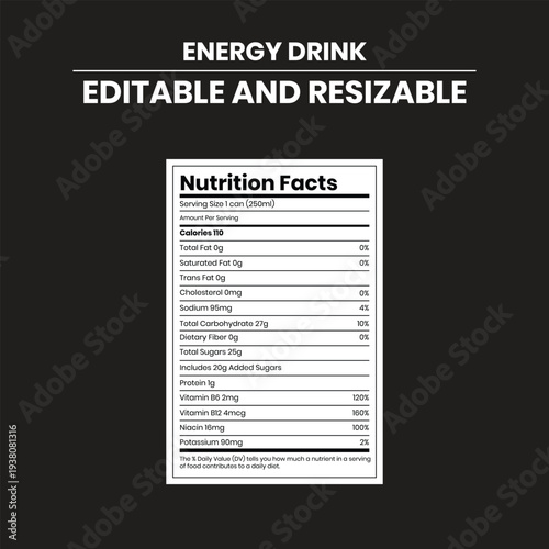 Nutrition facts label for energy drink