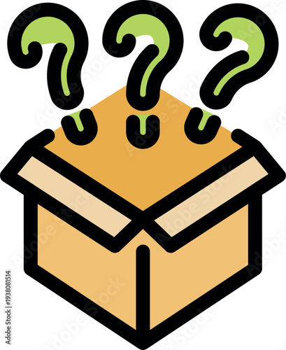 Open cardboard box with three question marks emerging, symbolizing mystery, uncertainty, and the unknown contents inside