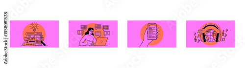 Flat Line Art Language Learning Education Graphic Set for Global Communication and Online Tutoring