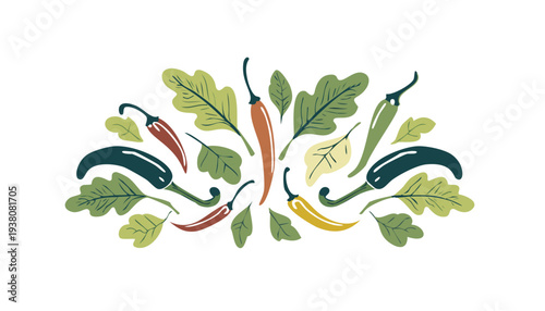 Hand drawn folk art chili plants and garden herbs set with red and green peppers, stylized hot pepper and fresh herb leaf collection, Colorful rustic kitchen art, modern botanical decorative vector