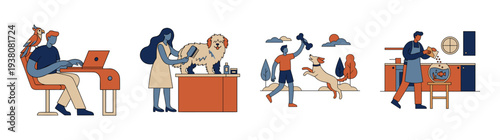 Flat Vector Pet Care and Human Animal Bond Illustration Element Kit for Domestic Lifestyle and Veterinary Services