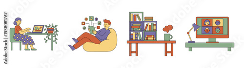 Flat Vector Remote Work and Digital Lifestyle Graphic Set for Freelance Business Theme