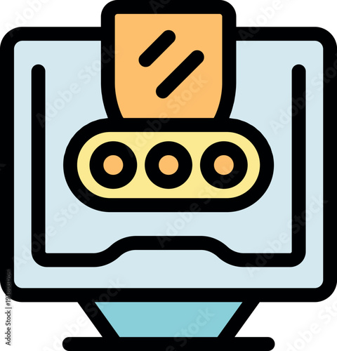 Additive manufacturing process visualized on a computer screen, showing a 3d printer creating an object layer by layer