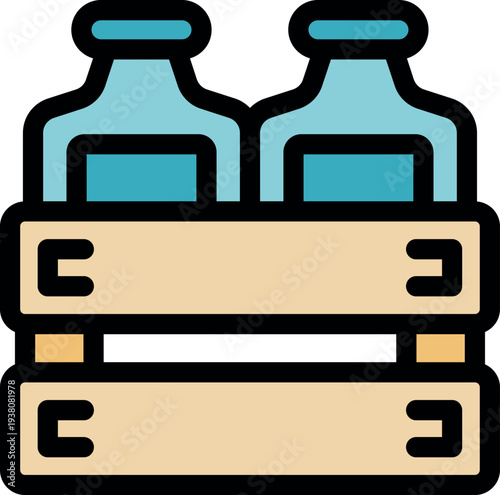 Two blue glass bottles are standing inside a wooden crate, ready for delivery and packaging