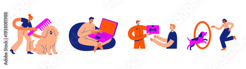 Flat Vector Pet Care Service Character Graphic Set for Veterinary Clinic and Animal Grooming Business Marketing