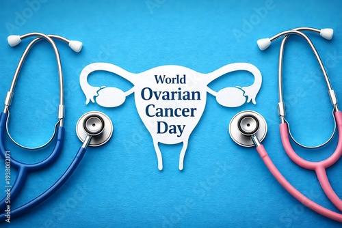 World ovarian cancer day stethoscopes and uterus symbol on blue