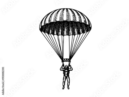 Military Parachute Landing Engraving Line Art Design