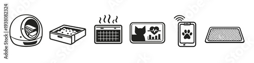 Collection of icons representing smart pet care technology and accessories for cats