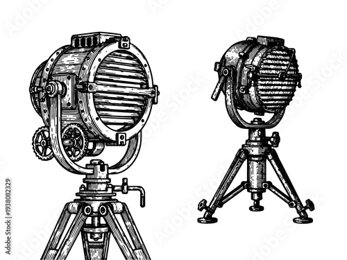 Military Searchlight Engraving Vector Illustration