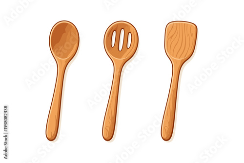 Collection of three wooden kitchen utensils including a spoon, slotted spoon, and spatula