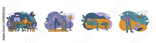 Flat Vector Remote Work and Personal Wellbeing Character Illustration Set for Lifestyle and Professional Blogs