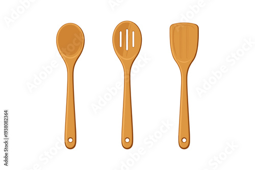 Collection of three wooden kitchen utensils: spoon, slotted spoon, and spatula