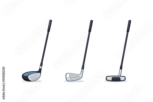 Three different types of golf clubs displayed side by side on a white background
