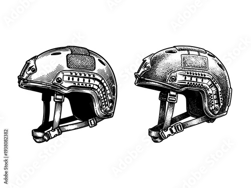 Tactical Military Helmet Engraving Vector Line Illustration