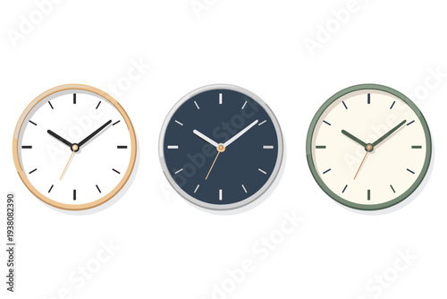 Three minimalist analog clocks with different colored faces and frames on a white background