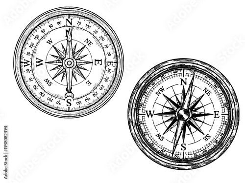 Vintage Military Compass Engraving Line Art Illustration
