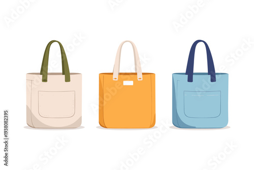 Three colorful tote bags with handles and pockets, displayed side by side