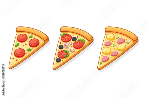 Three slices of pizza with different toppings, cartoon style, isolated on white background