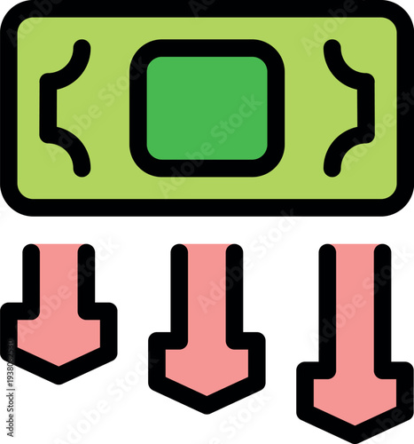 Green banknote with three downward pointing arrows symbolizing deflation and decrease in monetary value