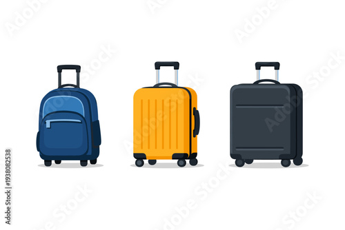 Three different wheeled luggage bags and a backpack arranged in a row on a white background
