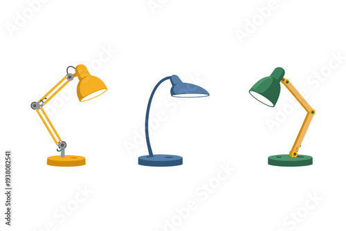Three colorful desk lamps in different styles and colors on a white background
