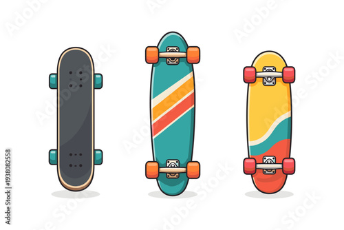 Three different skateboards with colorful designs and wheels, isolated on white background