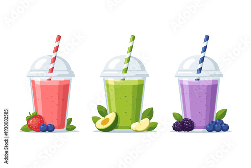 Three colorful fruit smoothies in clear plastic cups with straws and fresh ingredients