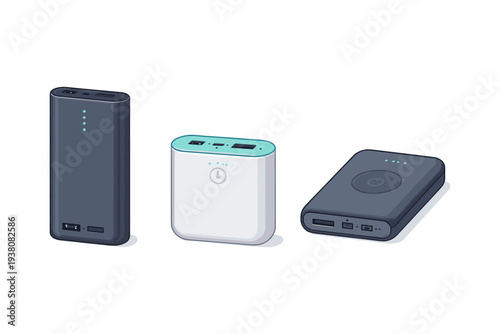 Three portable power banks with different designs and charging ports displayed on a white background