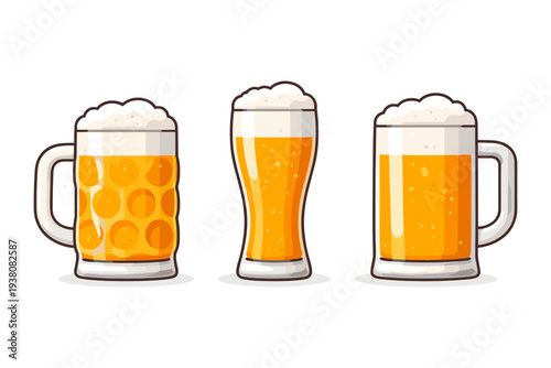 Three different types of beer glasses filled with frothy golden beer