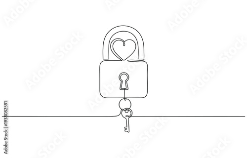 Continuous line drawing heart shaped lock. Love concept. Vector illustration.