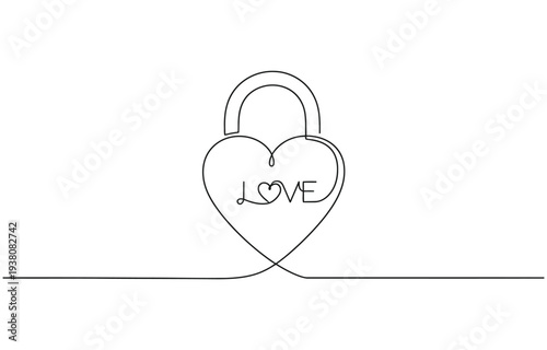 Continuous line drawing heart shaped lock. Love concept. Vector illustration.