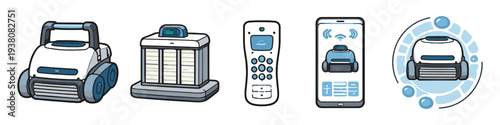 Robotic pool cleaner, remote control, smartphone app, and charging dock illustration